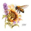 quill, sunflower, lavender and bee flying tattoo design idea