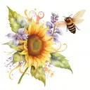 quill, sunflower, lavender and bee flying tattoo design idea