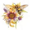quill, sunflower, lavender and bee flying tattoo design idea