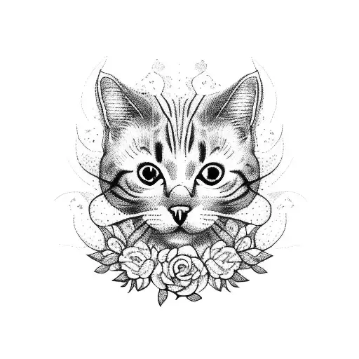 cat with flowers tattoo design idea