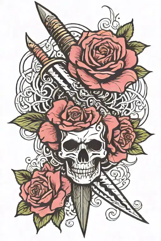 Dagger with a rose on the middle in the center of the rose an eye, snake rounding the dagger with his head at the bottom tattoo design idea