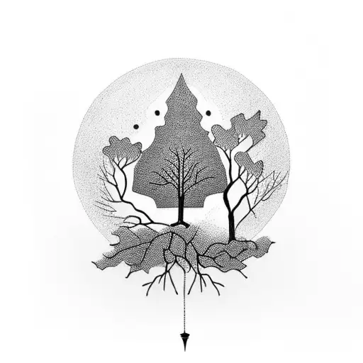 A golden lantern hanging from a tree branch in a peaceful autumn landscape tattoo design idea