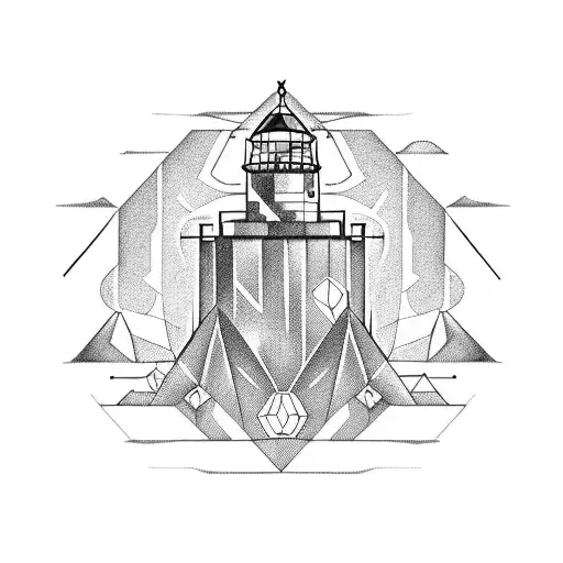 geometric lighthouse with howler monkey tattoo design idea