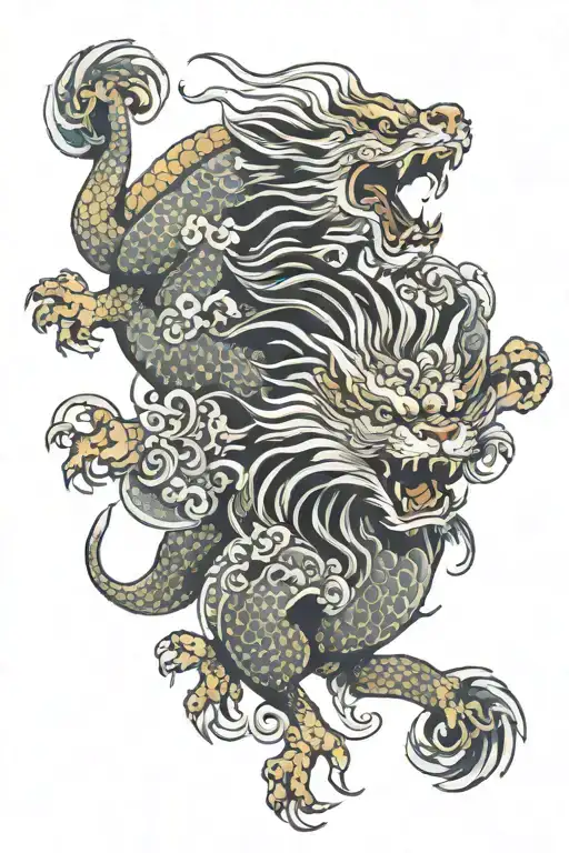 half lion half dragon flying tattoo design idea
