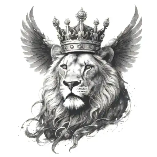 a black lion with a silver crown and a crow made of black smoke flying above him tattoo design idea
