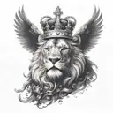 a black lion with a silver crown and a crow made of black smoke flying above him tattoo design idea