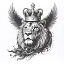 a black lion with a silver crown and a crow made of black smoke flying above him tattoo design idea