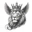 a black lion with a silver crown and a crow made of black smoke flying above him tattoo design idea