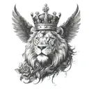 a black lion with a silver crown and a crow made of black smoke flying above him tattoo design idea