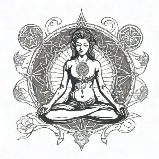 A minimalist tattoo of a woman meditating in a lotus position, surrounded by alchemical symbols, symbolizing inner transformation tattoo design idea