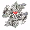 Infinity loop design with heart in middle and name anshul and sweta on each end side tattoo design idea