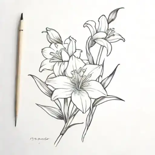 create a flower bouquet with a  daffodil, lily of the valley, water lily, and holly that is skinny  tattoo design idea