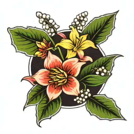 flower bouquet with daffodil, lily of the valley, water lily, and holly tattoo design idea