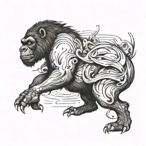 black outline of a angry gorilla and fierce stallion horse charging into battle as a team on the upper back shoulder tattoo design idea