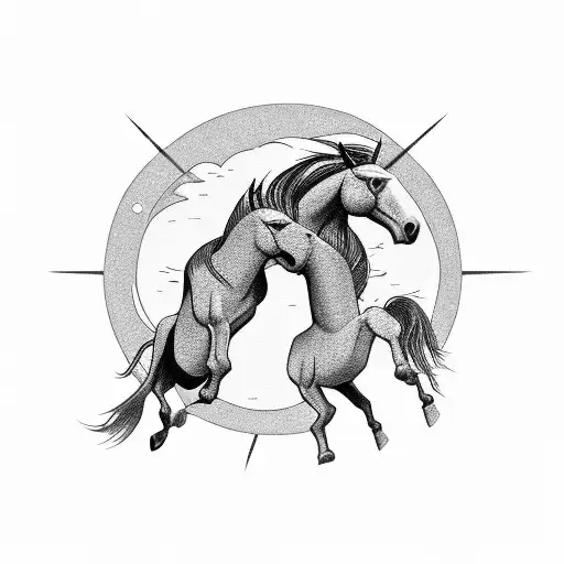 two mustang war horses running in a field  tattoo design idea