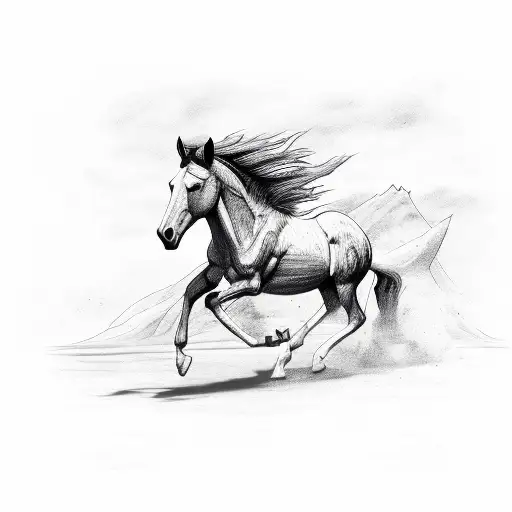 mustang horse running with flames, campground background tattoo design idea