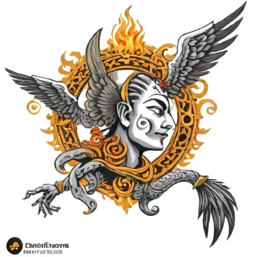 a spiritual diety named kirtimukha with the fire wings of a phoenix with a shiva trident on the top of its head  tattoo design idea