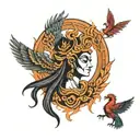 a spiritual diety named kirtimukha with the fire wings of a phoenix with a shiva trident on the top of its head  tattoo design idea