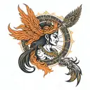 a spiritual diety named kirtimukha with the fire wings of a phoenix with a shiva trident on the top of its head  tattoo design idea