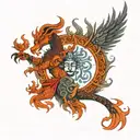 a spiritual diety named kirtimukha with the fire wings of a phoenix with a shiva trident on the top of its head  tattoo design idea