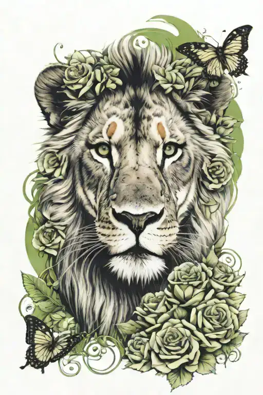 lion face surrounded by roses and butterflies green eyes tattoo design idea