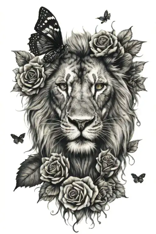 black lion face with surrounded by black roses and black butterflies  tattoo design idea