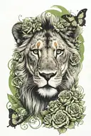 lion face surrounded by roses and butterflies green eyes tattoo design idea