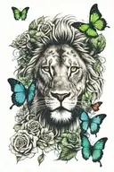 lion face surrounded by roses and butterflies green eyes tattoo design idea