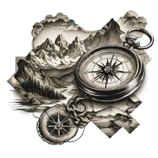 compass, mountains, tyre tracks tattoo design idea