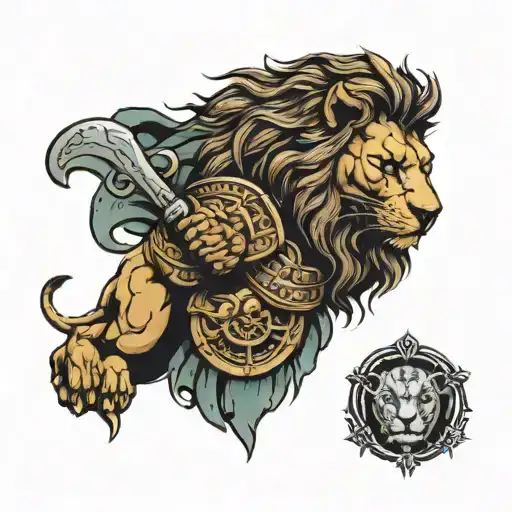 lion, roman warrior, roman ruins intertwined tattoo design idea