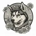 cartoon husky posing like Rosie the riveter with tattoos Polaroid  tattoo design idea