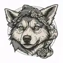 cartoon husky posing like Rosie the riveter with tattoos Polaroid  tattoo design idea