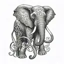 An elephant trumpeting musical notes, with a subtle hint of a serotonin molecule in the background tattoo design idea