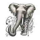 An elephant trumpeting musical notes, with a subtle hint of a serotonin molecule in the background tattoo design idea