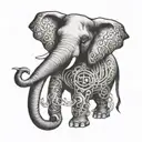 An elephant trumpeting musical notes, with a subtle hint of a serotonin molecule in the background tattoo design idea