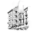 A sketch-style tattoo of a street scene in Little Italy NYC, capturing the vibrant energy and Italian culture tattoo design idea