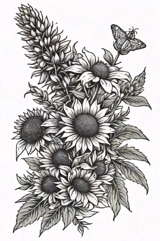 echinacea and foxglove flower bouquet with rosemary sprig tattoo design idea