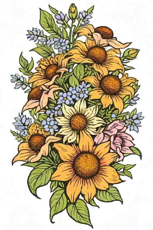 echinacea and foxglove flower bouquet with rosemary sprig tattoo design idea