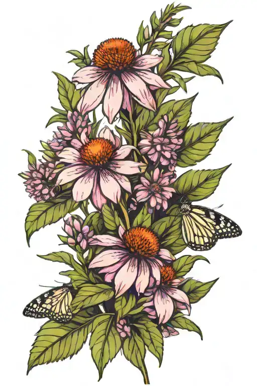 echinacea foxglove allium and rosemary sprig tattoo design idea