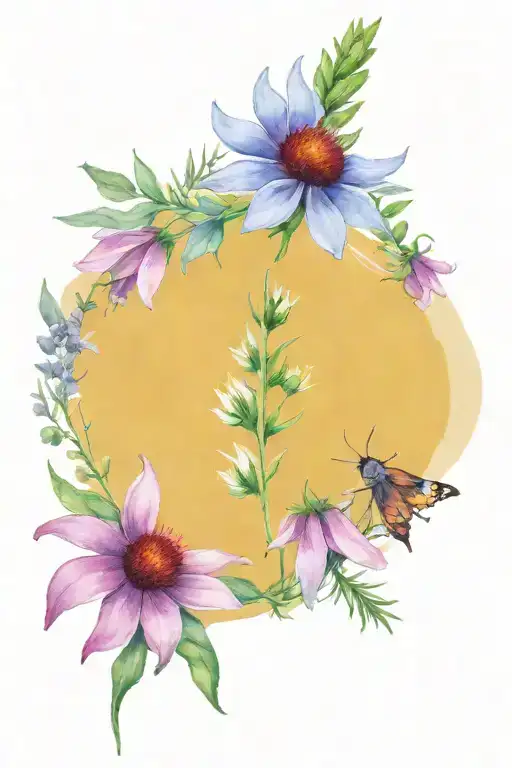 echinacea and foxglove flower bouquet with rosemary sprig tattoo design idea