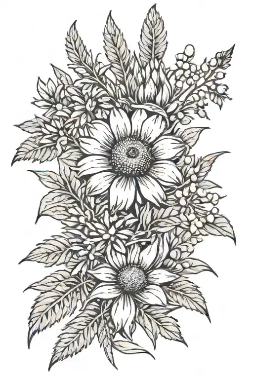 echinacea and foxglove flower bouquet with rosemary sprig tattoo design idea