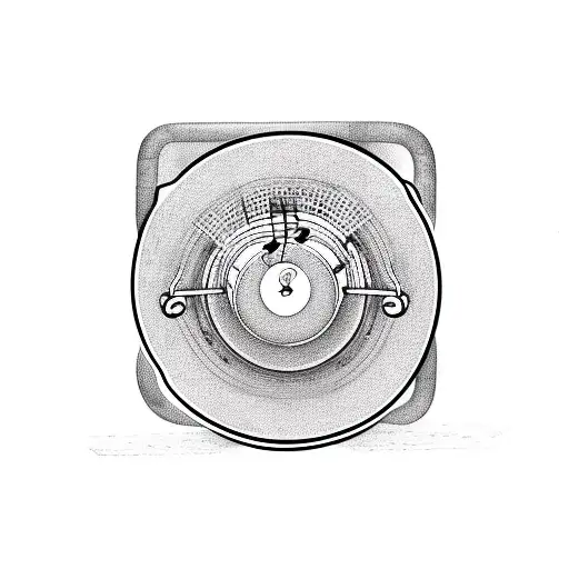 A coffee mug with a microphone as the handle, surrounded by music notes and metal band logos tattoo design idea