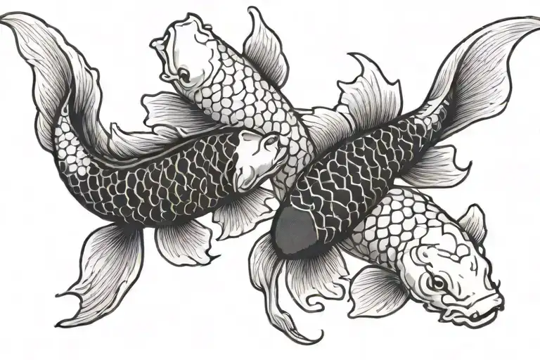 two koi fishes, swimming in opposite directions, the tails are not too long. one fish is black, the other is white.  tattoo design idea