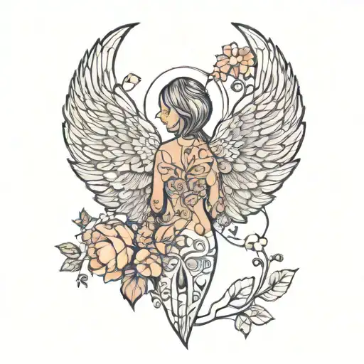 tree flowers geometric angel wings full back  tattoo design idea
