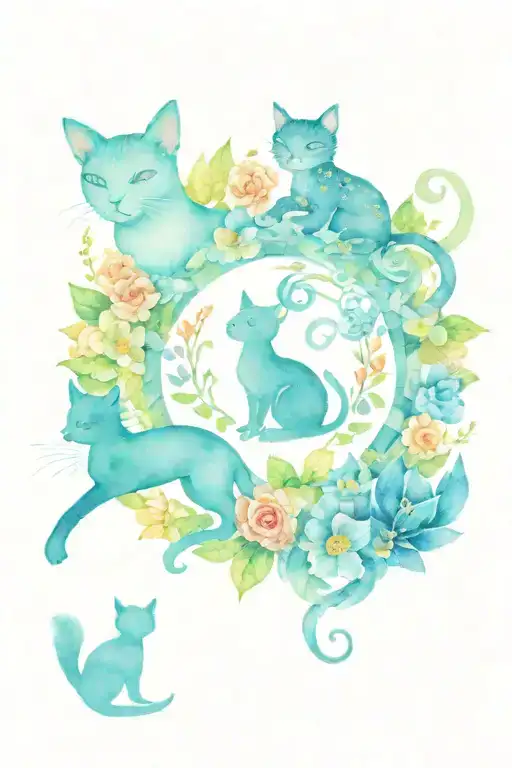 A tattoo design that combines elements of a cat, dog, stitch, Toothless, Tinkerbell, Mrs. Potts, and dragons in a floral Mandela pattern, with a subtle nod to family and your daughter tattoo design idea