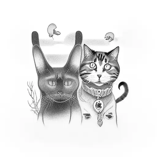 A black-grey tattoo of a serene seascape with a silhouette of a dog and a cat sitting together on the shore, symbolizing your love for both animals tattoo design idea