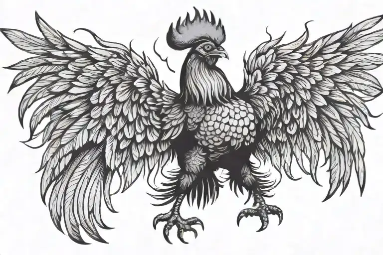 fighting rooster with wings spread tattoo design idea