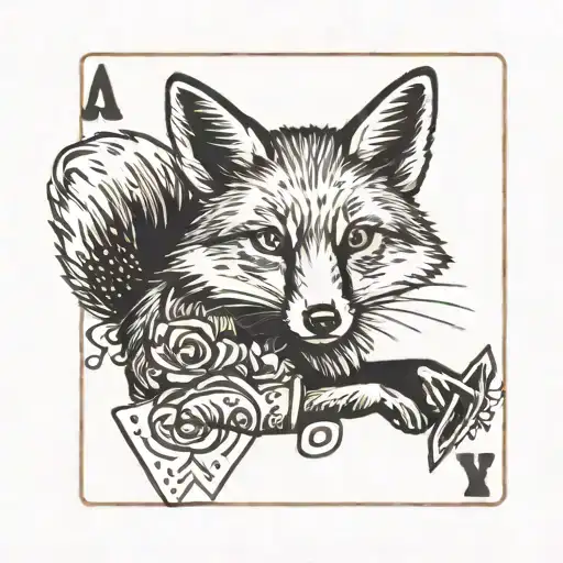 Small minimal fox sitting on a square background, accented by calligraphy brush strokes, with 4 large Aces playing cards tattoo design idea