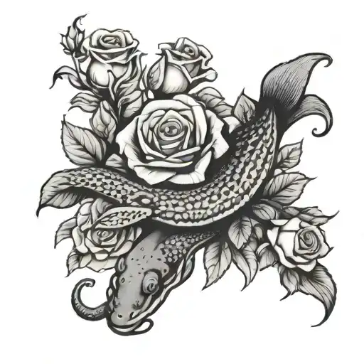 moray eel and roses intertwined with focus on eel simple realistic no scales black and white tattoo design idea