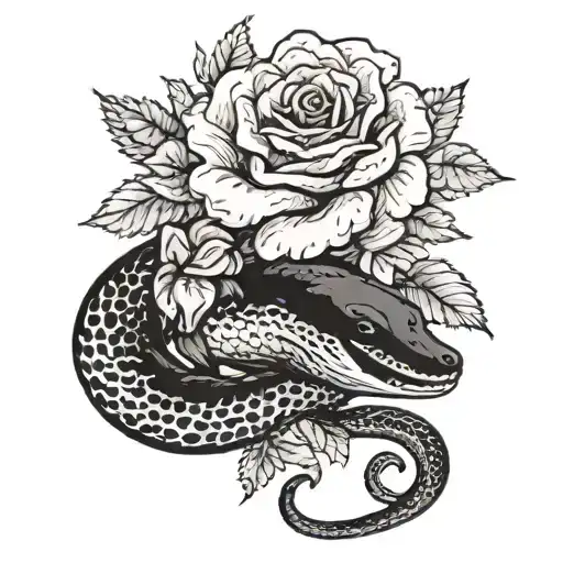 snow flake moray eel and roses intertwined with focus on eel simple realistic no scales black and white tattoo design idea